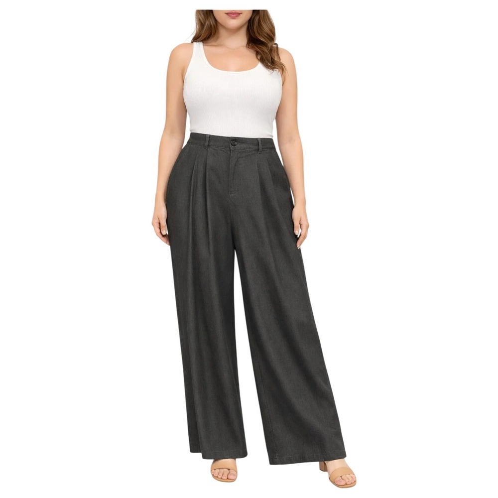 Halara Wide Leg Pants Womens L Petite Black Pleated High Waist Side Slit Flowy